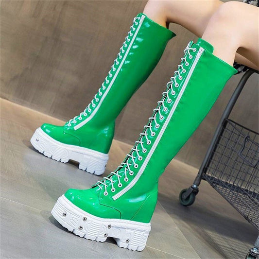Women Genuine Leather Knee High Boots Platform Wedge High Heels - LiveTrendsX