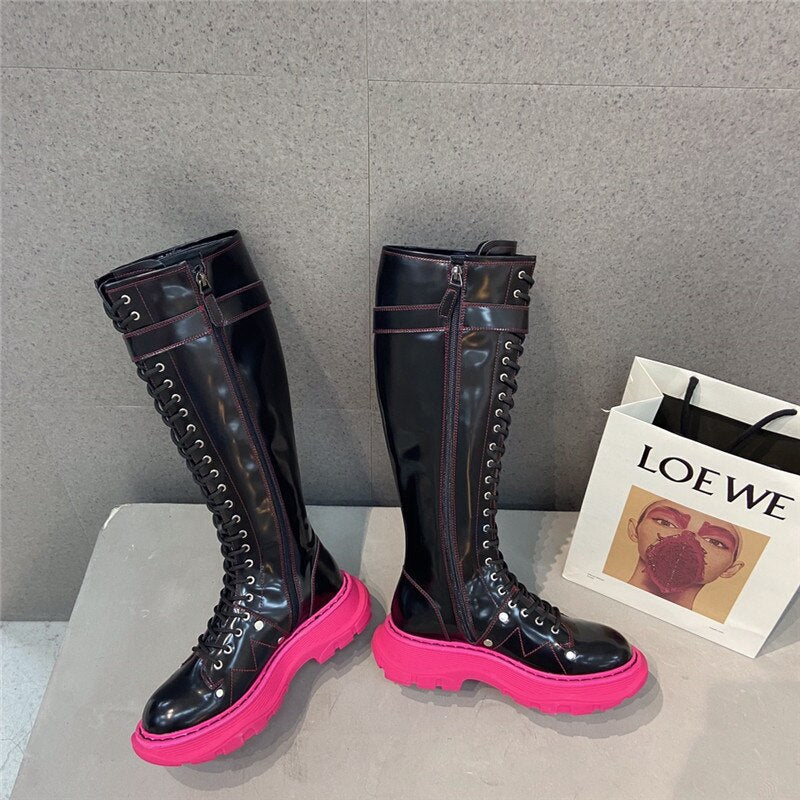 Women Genuine Leather Platform Round Toe Knee High Boots - LiveTrendsX