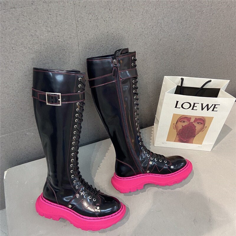 Women Genuine Leather Platform Round Toe Knee High Boots - LiveTrendsX