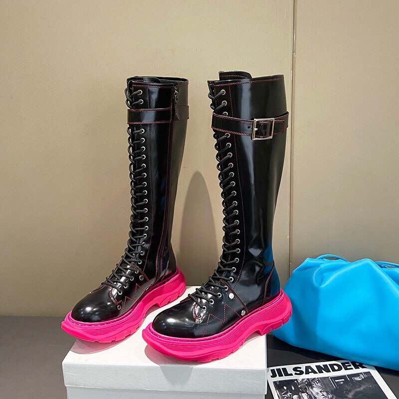 Women Genuine Leather Platform Round Toe Knee High Boots - LiveTrendsX