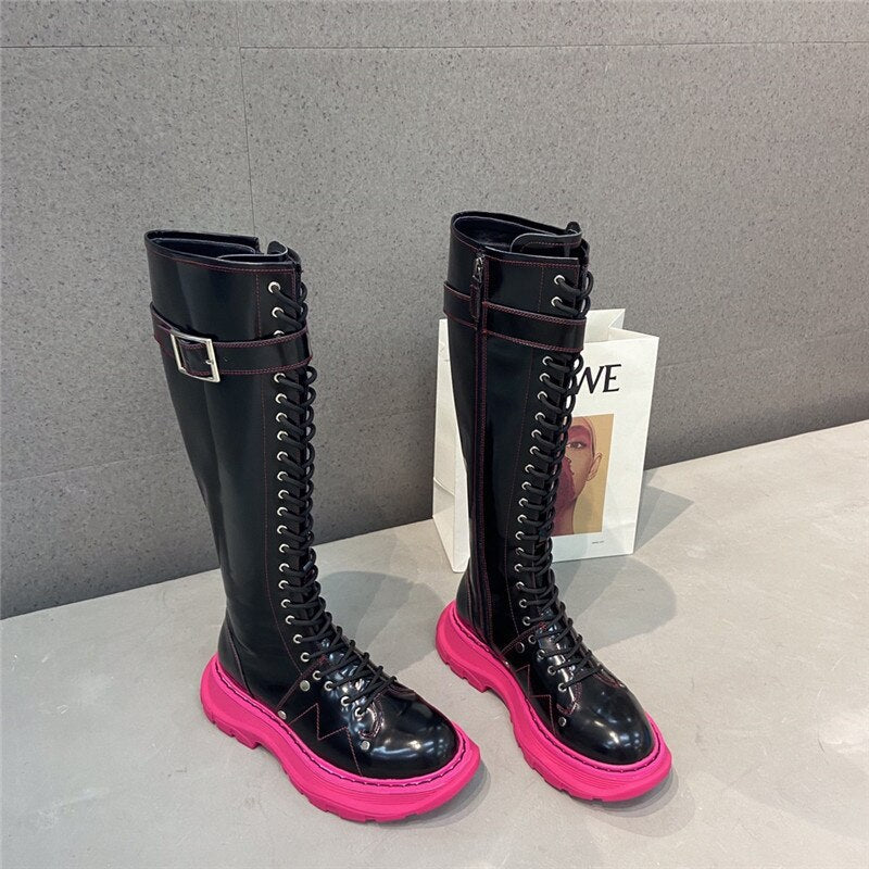 Women Genuine Leather Platform Round Toe Knee High Boots - LiveTrendsX