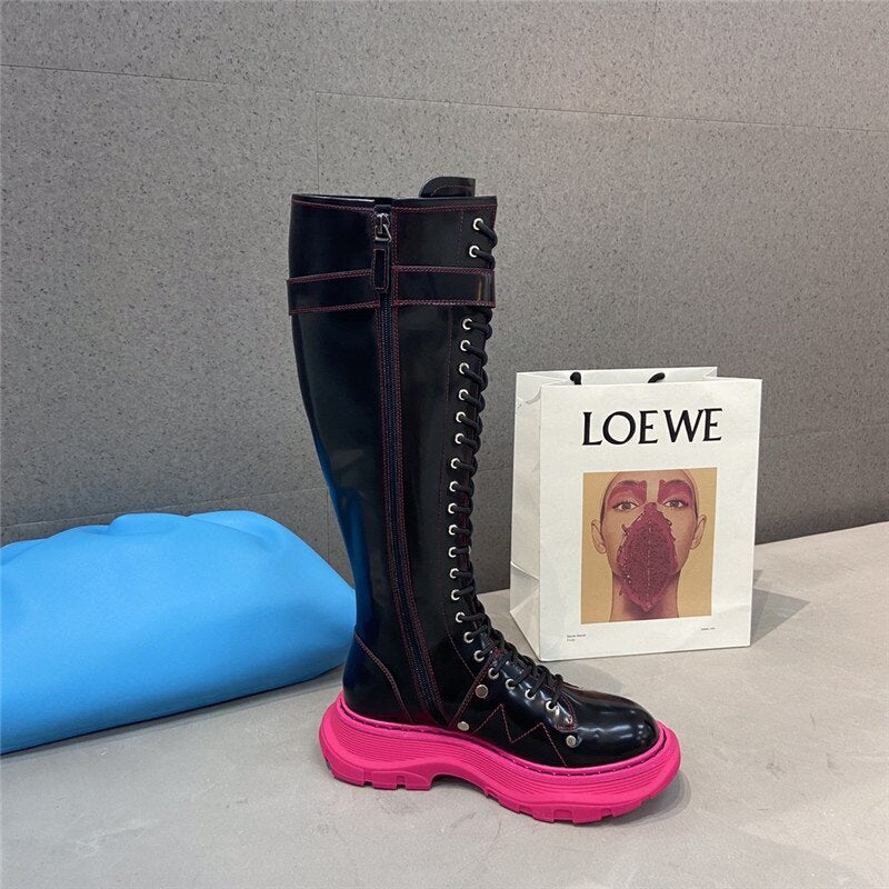 Women Genuine Leather Platform Round Toe Knee High Boots - LiveTrendsX