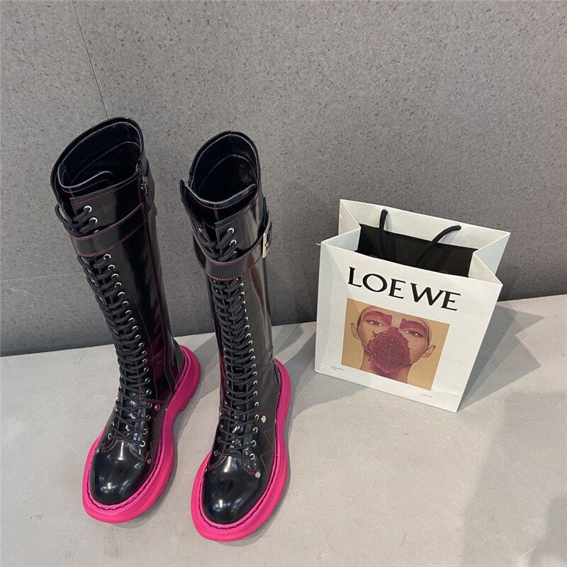 Women Genuine Leather Platform Round Toe Knee High Boots - LiveTrendsX