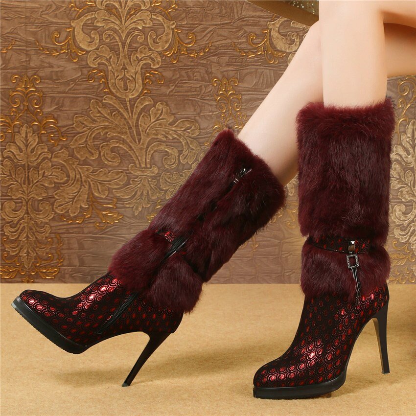 Women Genuine Leather Slim High Heel Mid Calf Boots High Top - LiveTrendsX