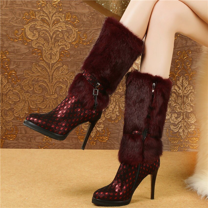 Women Genuine Leather Slim High Heel Mid Calf Boots High Top - LiveTrendsX