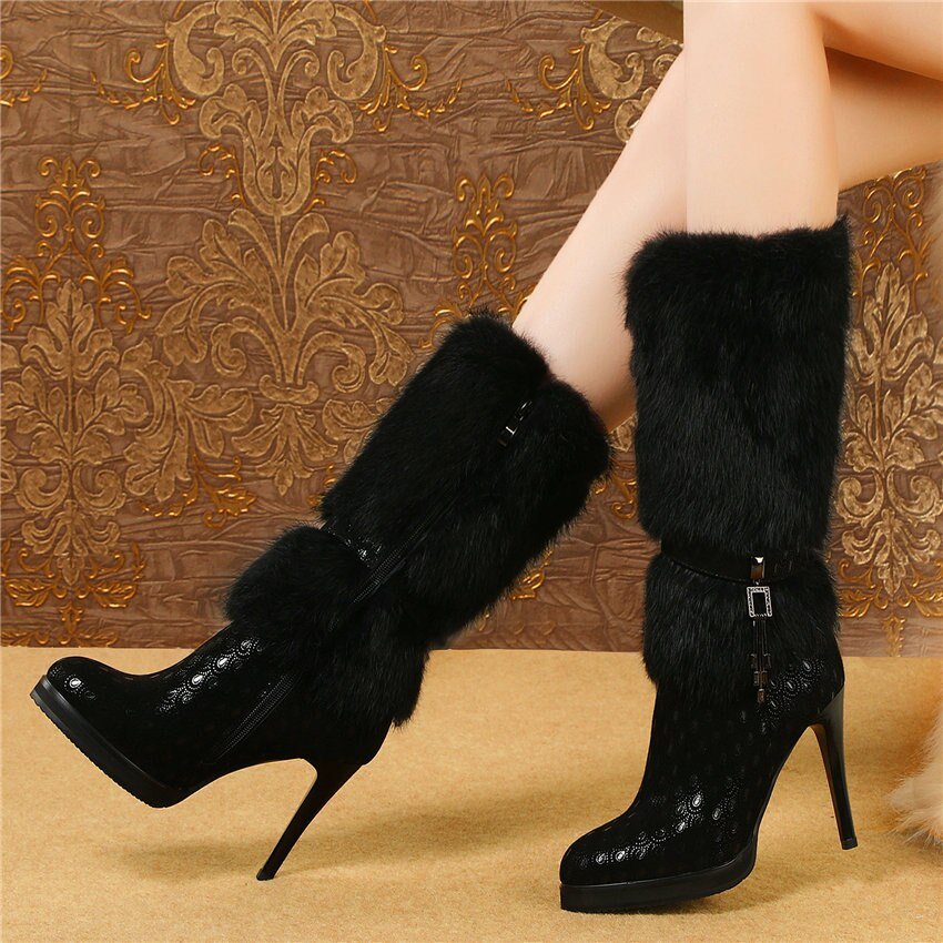 Women Genuine Leather Slim High Heel Mid Calf Boots High Top - LiveTrendsX