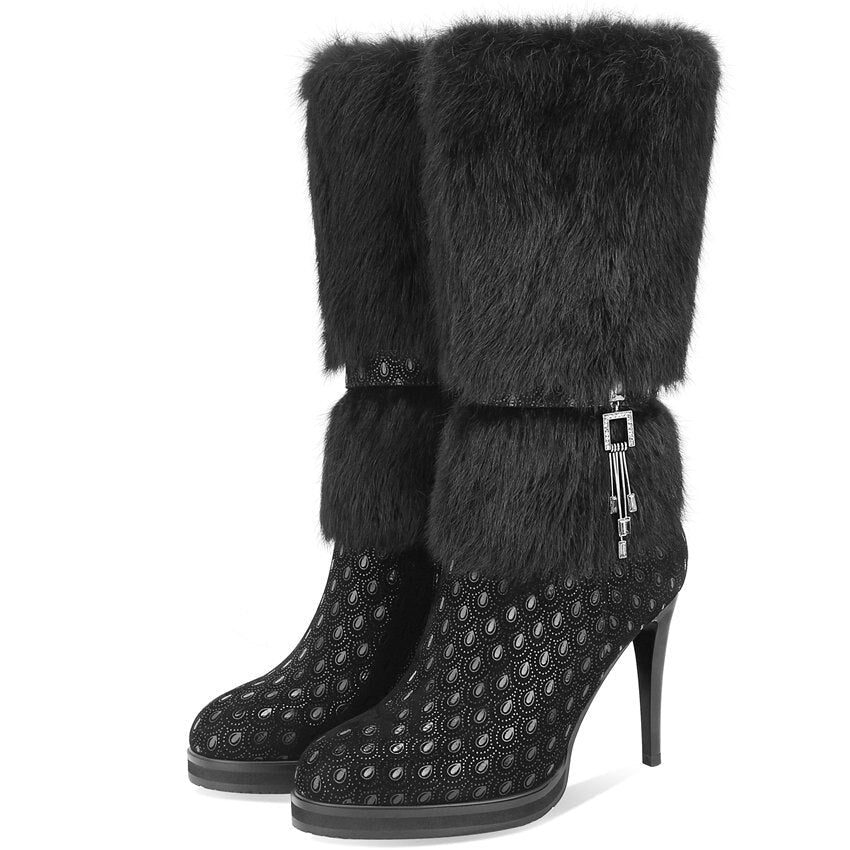 Women Genuine Leather Slim High Heel Mid Calf Boots High Top - LiveTrendsX