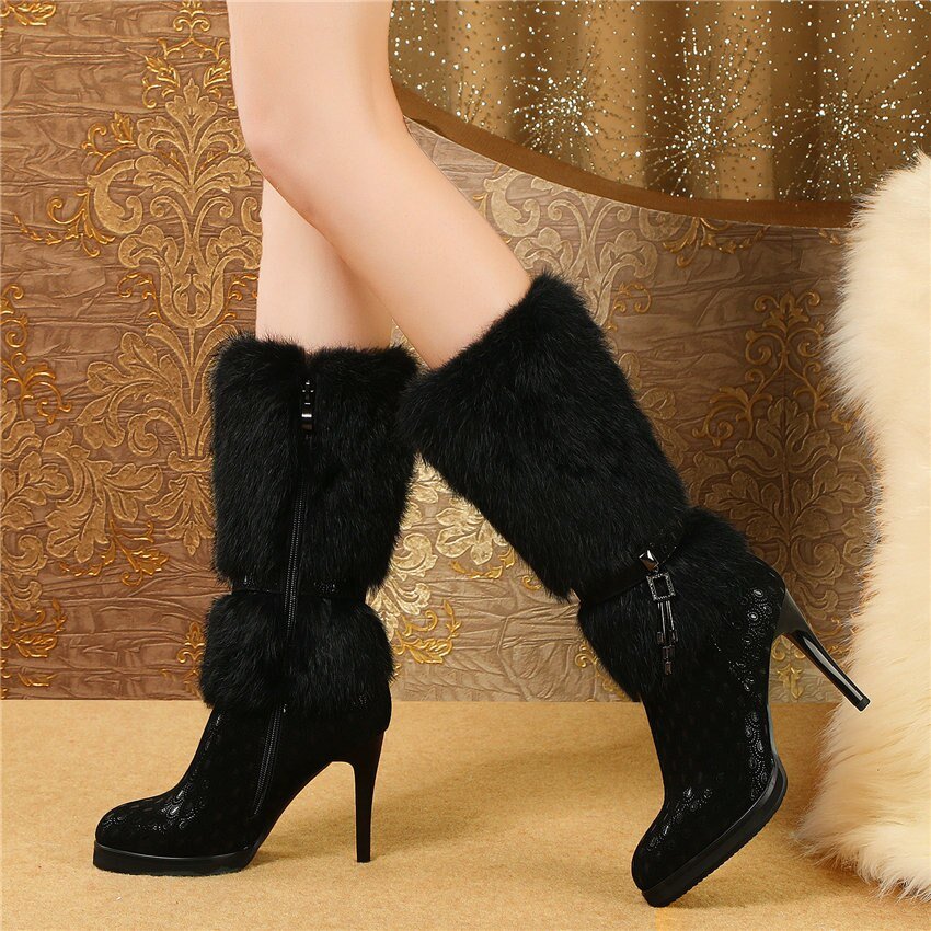 Women Genuine Leather Slim High Heel Mid Calf Boots High Top - LiveTrendsX