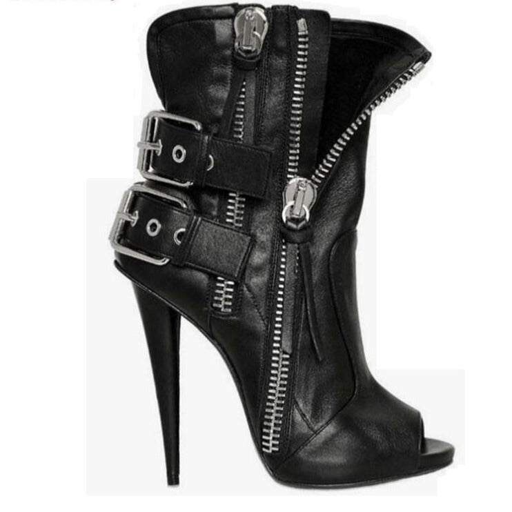 Women High Heel Peep Toe Sandals Boots Buckle Side Zipper - LiveTrendsX