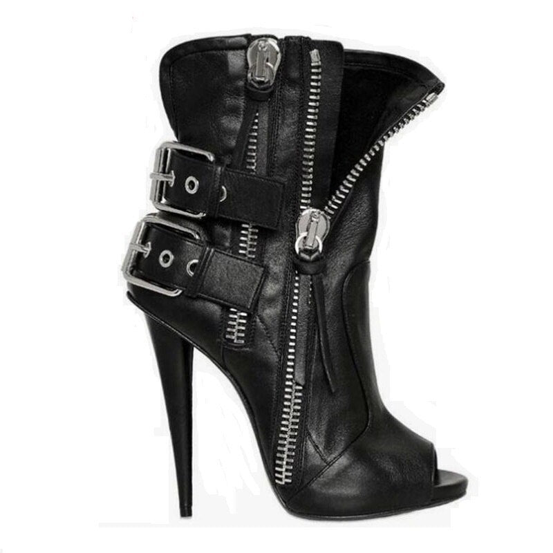 Women High Heel Peep Toe Sandals Boots Buckle Side Zipper - LiveTrendsX