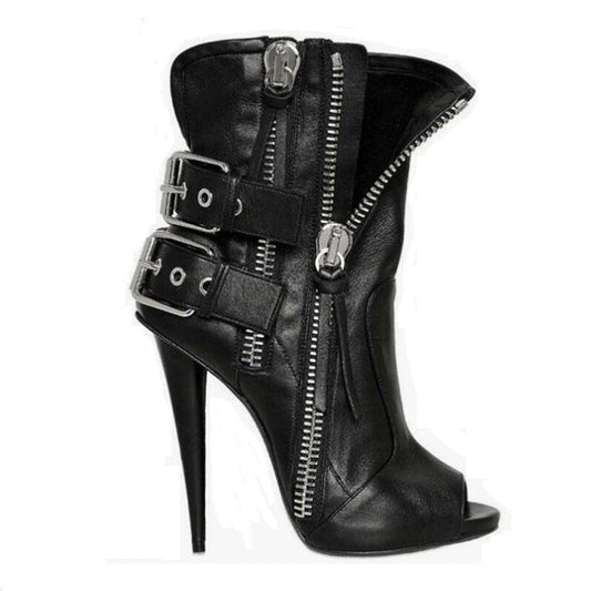 Women High Heel Peep Toe Sandals Boots Buckle Side Zipper - LiveTrendsX
