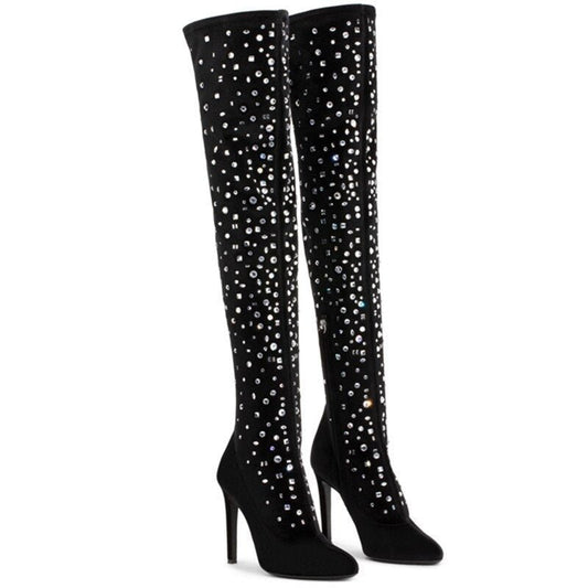 Women High Heels Crystal Zipper Party Boots Pointed Toe - LiveTrendsX