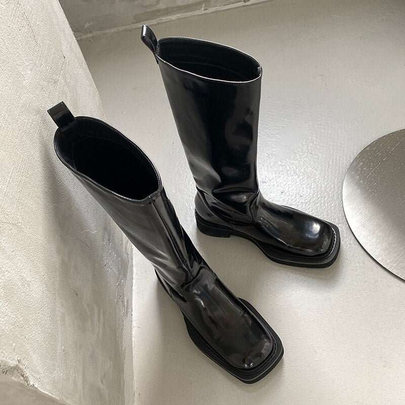 Women Knee - high boots cowhide upper square toe high boots - LiveTrendsX