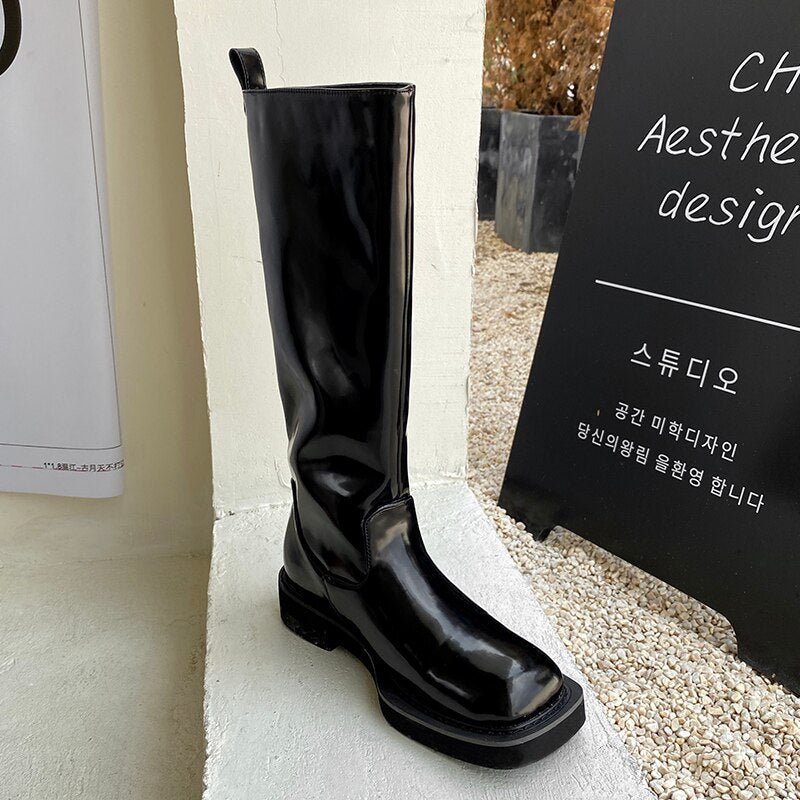 Women Knee - high boots cowhide upper square toe high boots - LiveTrendsX