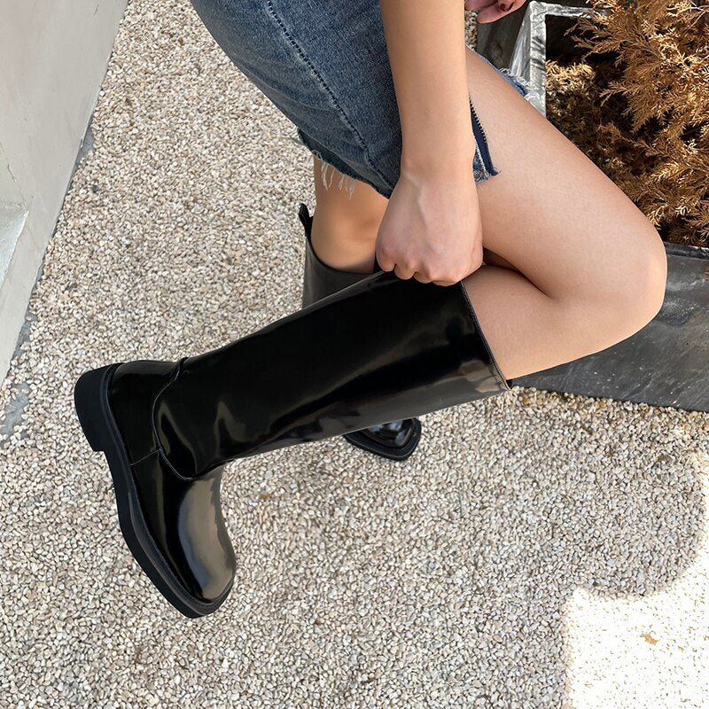 Women Knee - high boots cowhide upper square toe high boots - LiveTrendsX