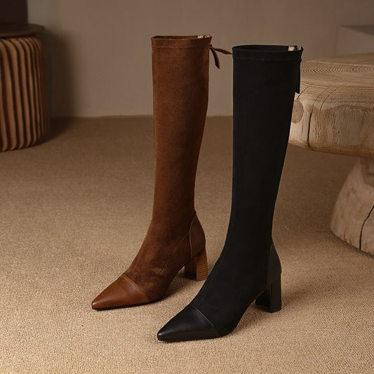 Women Knee - high boots natural leather cowhide back zip elastic boots - LiveTrendsX