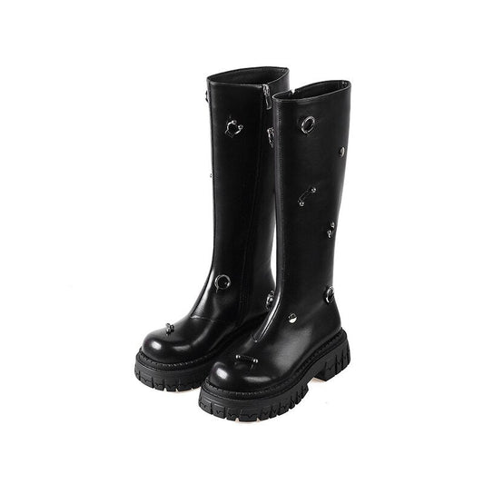 Women knee - high boots natural leather cowhide metal ring platform boots - LiveTrendsX