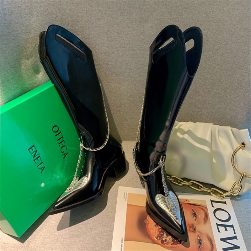 Women Knee High Boots Rhinestone Chain Punk Shoes - LiveTrendsX