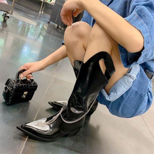 Women Knee High Boots Rhinestone Chain Punk Shoes - LiveTrendsX