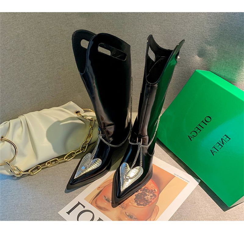 Women Knee High Boots Rhinestone Chain Punk Shoes - LiveTrendsX