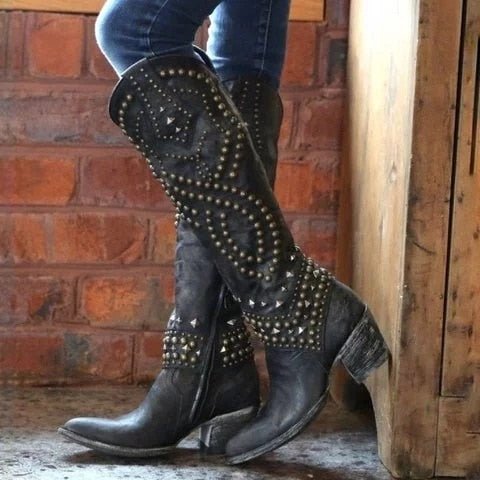 Women Knee High Square Heel Slip - on Western Boots Big Size - LiveTrendsX
