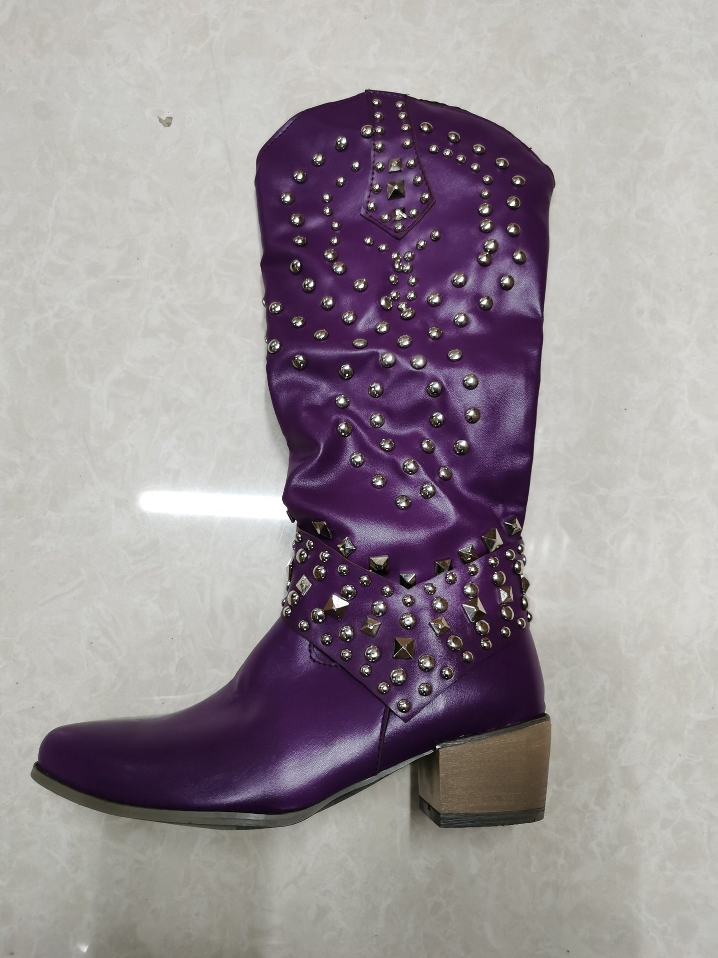 Women Knee High Square Heel Slip - on Western Boots Big Size - LiveTrendsX