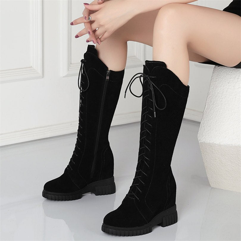Women Lace Up Cow Leather High Heel Mid Calf Ridding Boots - LiveTrendsX