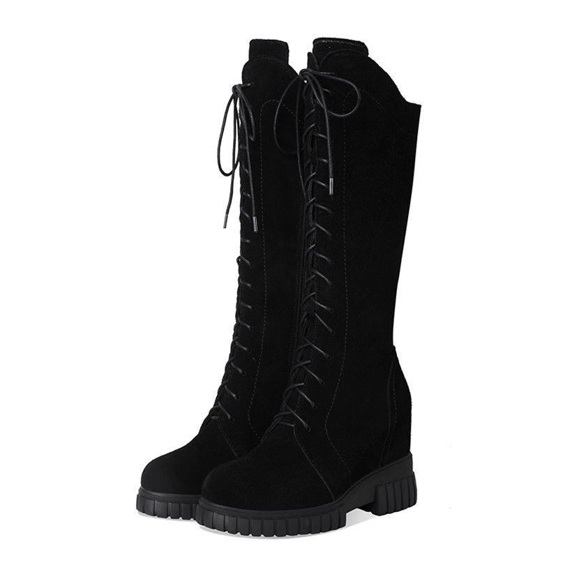 Women Lace Up Cow Leather High Heel Mid Calf Ridding Boots - LiveTrendsX