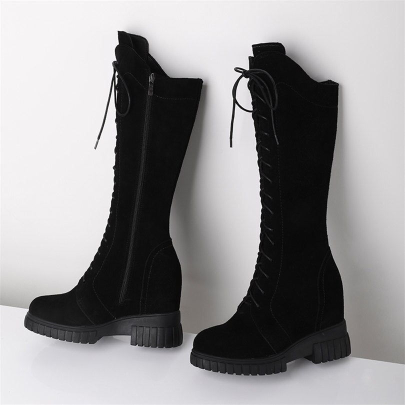 Women Lace Up Cow Leather High Heel Mid Calf Ridding Boots - LiveTrendsX