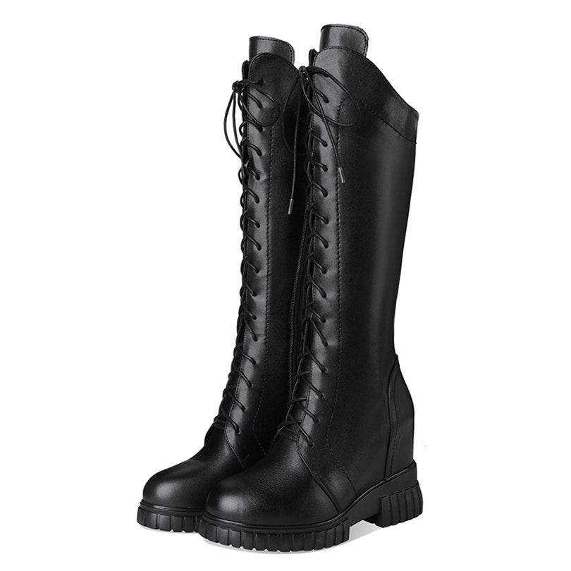 Women Lace Up Cow Leather High Heel Mid Calf Ridding Boots - LiveTrendsX