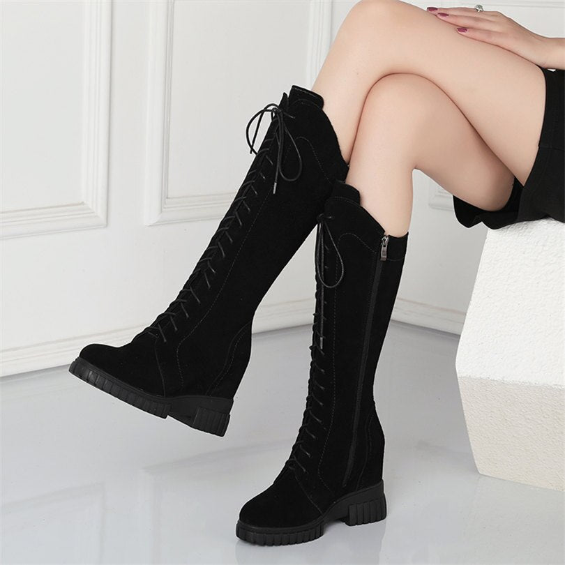 Women Lace Up Cow Leather High Heel Mid Calf Ridding Boots - LiveTrendsX