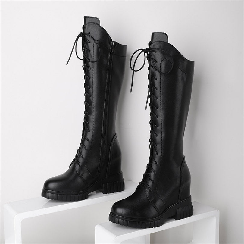 Women Lace Up Cow Leather High Heel Mid Calf Ridding Boots - LiveTrendsX