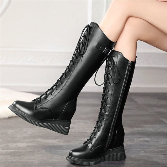 Women Lace Up Genuine Leather High Heel Mid Calf Motorcycle Boots - LiveTrendsX