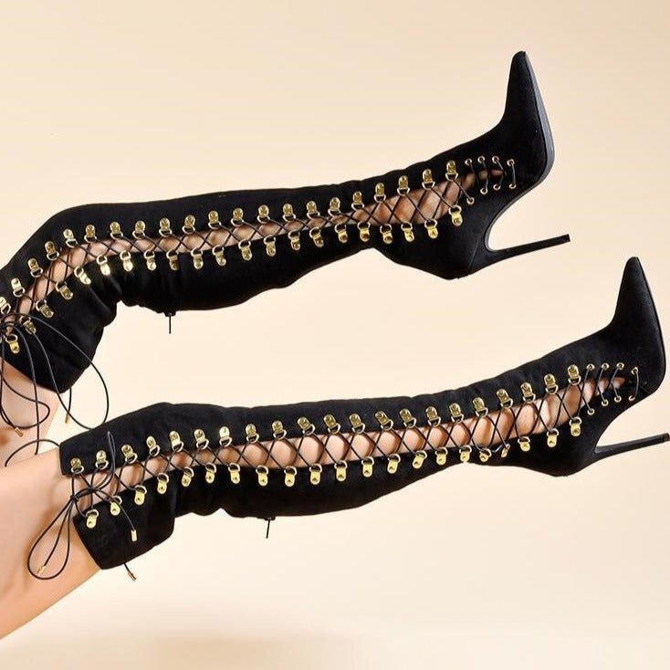 Women Lace Up High Heel Gladiator Shoes Party Long Boots - LiveTrendsX