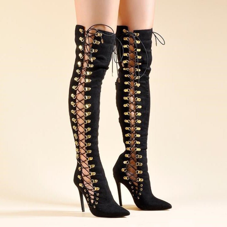 Women Lace Up High Heel Gladiator Shoes Party Long Boots - LiveTrendsX
