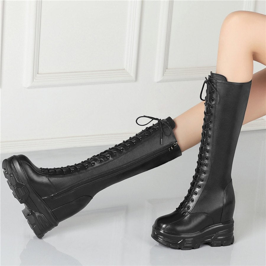 Women Lace Up Strap Cow Leather High Heel Mid Calf Military Boots - LiveTrendsX
