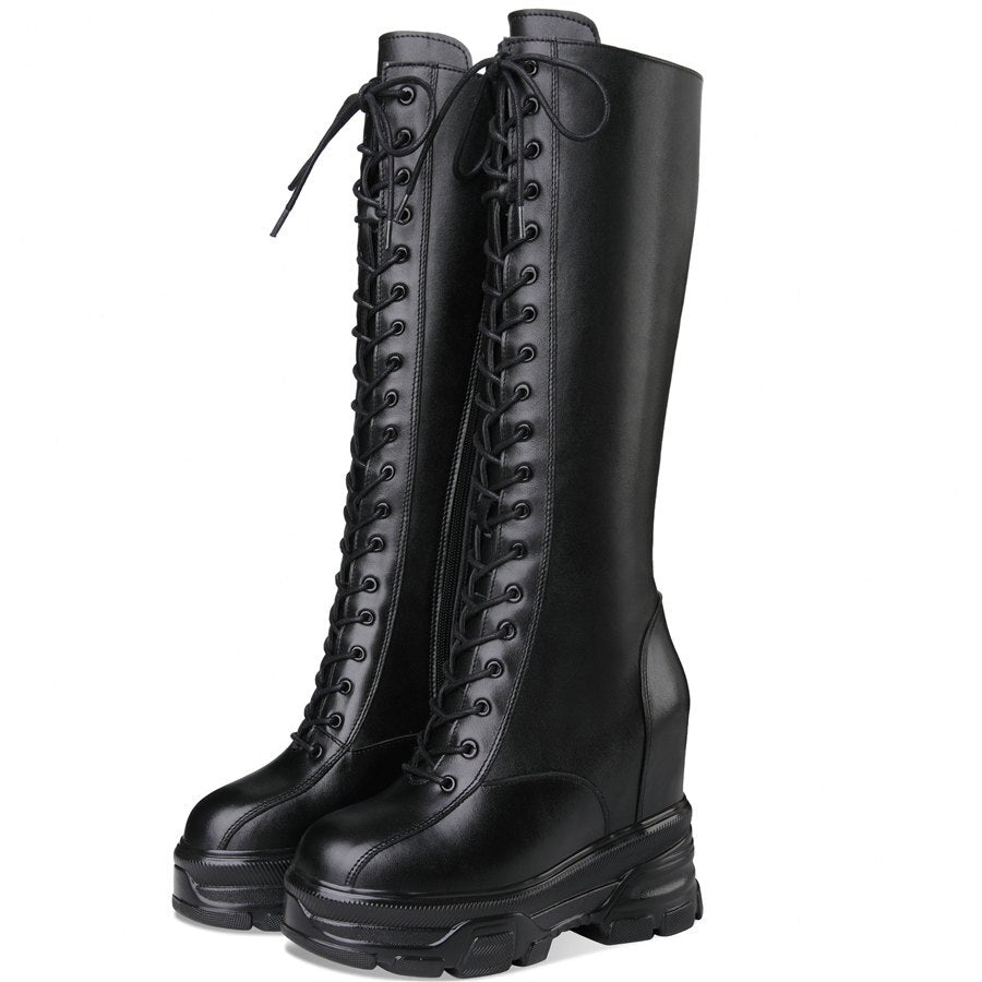 Women Lace Up Strap Cow Leather High Heel Mid Calf Military Boots - LiveTrendsX