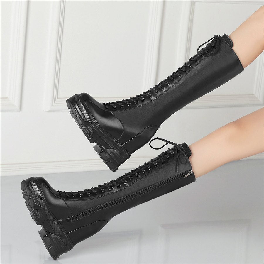Women Lace Up Strap Cow Leather High Heel Mid Calf Military Boots - LiveTrendsX