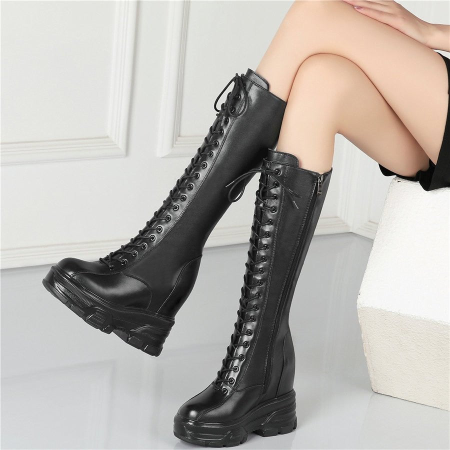 Women Lace Up Strap Cow Leather High Heel Mid Calf Military Boots - LiveTrendsX