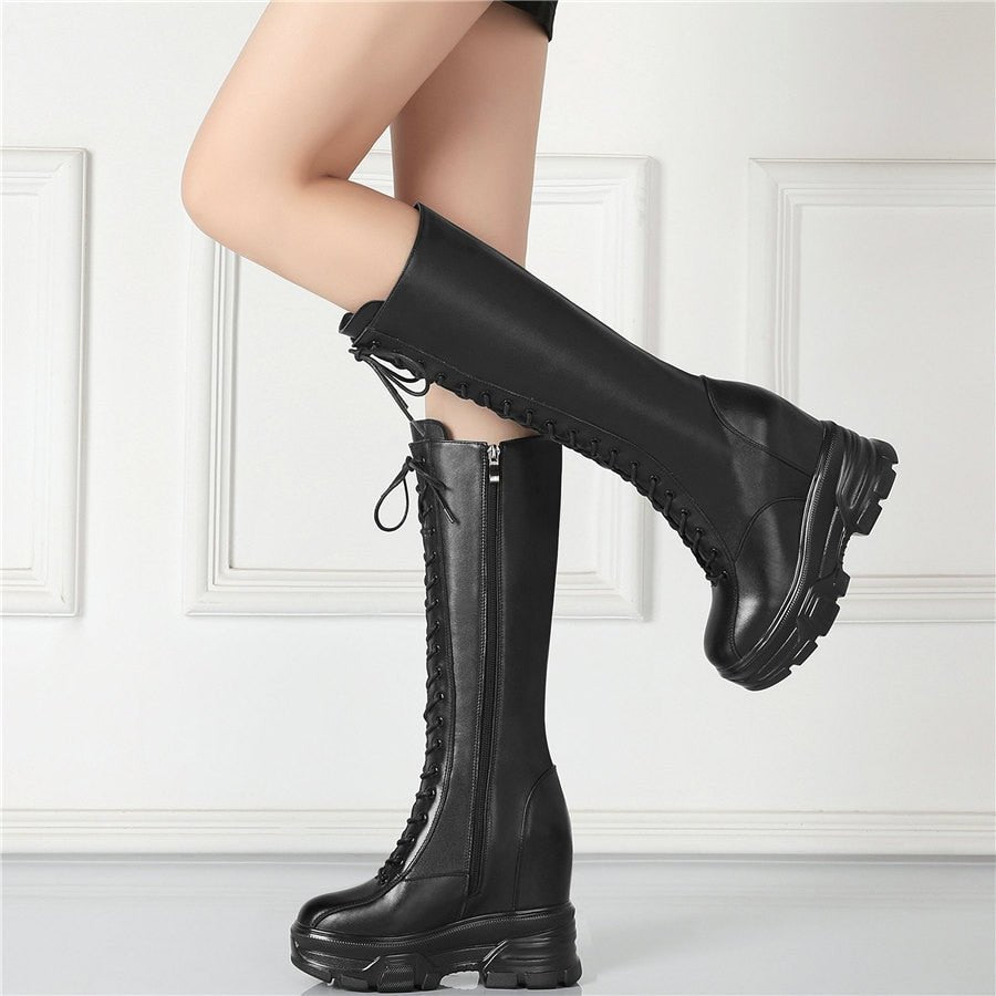 Women Lace Up Strap Cow Leather High Heel Mid Calf Military Boots - LiveTrendsX