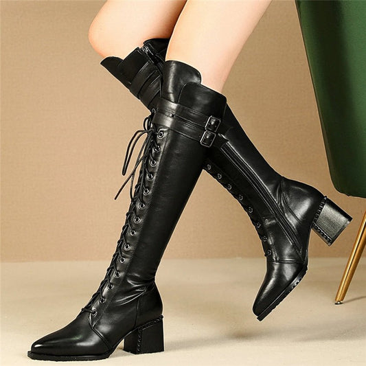 Women Lace Up Strappy Cow Leather Knee High Boots - LiveTrendsX