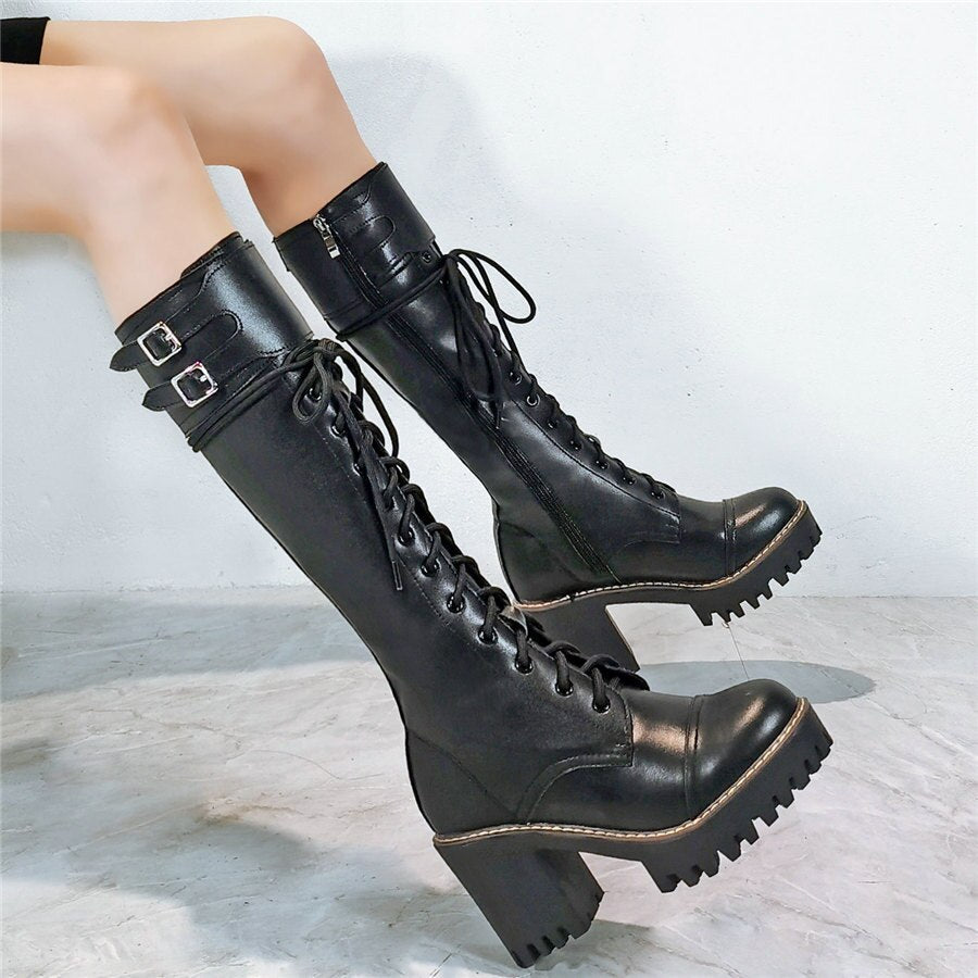 Women Lace Up Straps Genuine Leather Chunky High Heels Motorcycle Boots - LiveTrendsX