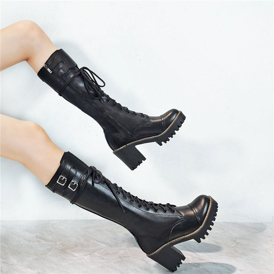 Women Lace Up Straps Genuine Leather Chunky High Heels Motorcycle Boots - LiveTrendsX