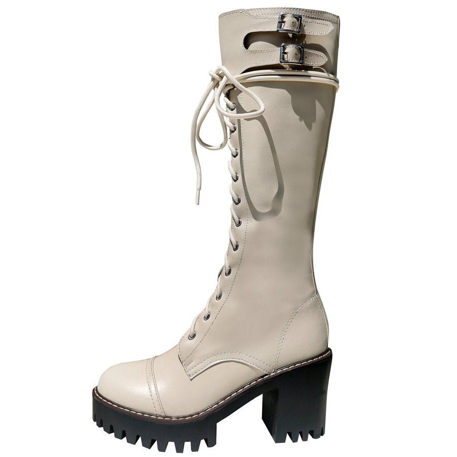 Women Lace Up Straps Genuine Leather Chunky High Heels Motorcycle Boots - LiveTrendsX