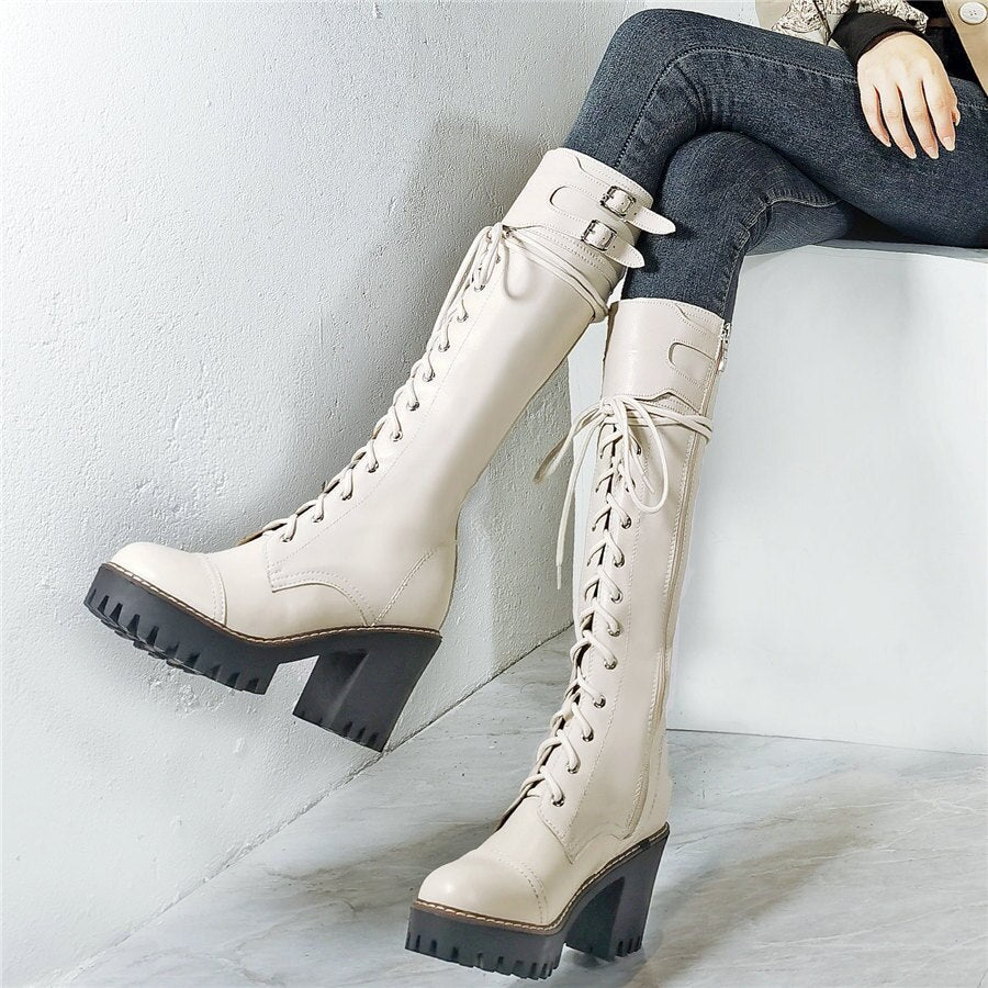 Women Lace Up Straps Genuine Leather Chunky High Heels Motorcycle Boots - LiveTrendsX