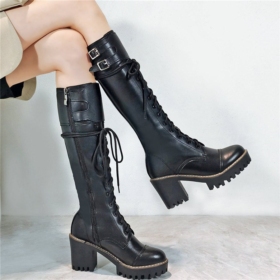 Women Lace Up Straps Genuine Leather Chunky High Heels Motorcycle Boots - LiveTrendsX