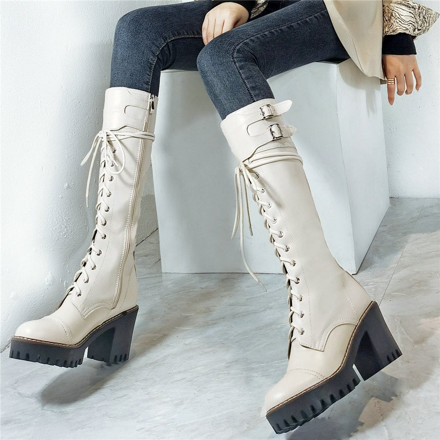 Women Lace Up Straps Genuine Leather Chunky High Heels Motorcycle Boots - LiveTrendsX
