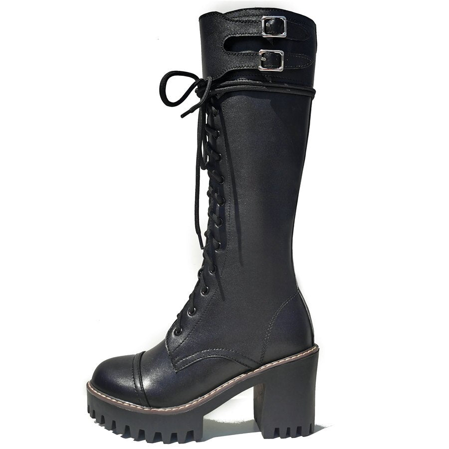 Women Lace Up Straps Genuine Leather Chunky High Heels Motorcycle Boots - LiveTrendsX