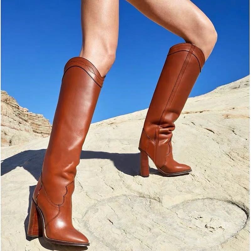 Women Leather Brown Knee High Boots Runway Chunky Heels Shoes - LiveTrendsX