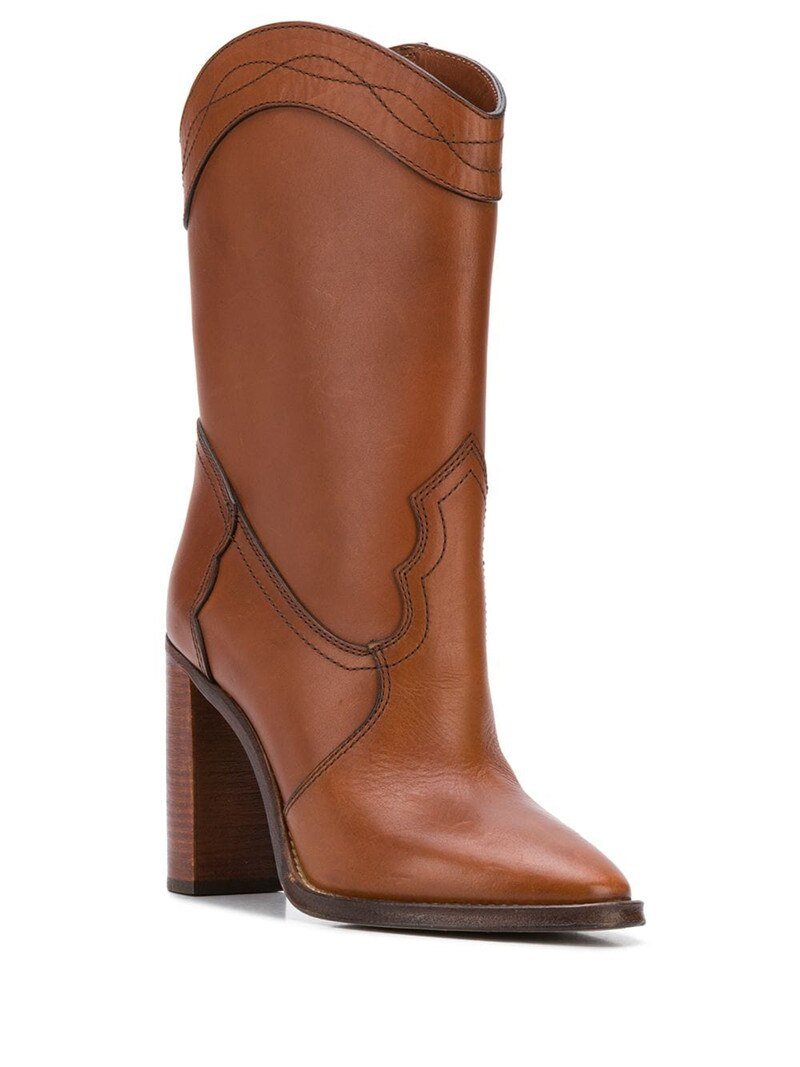 Women Leather Brown Knee High Boots Runway Chunky Heels Shoes - LiveTrendsX